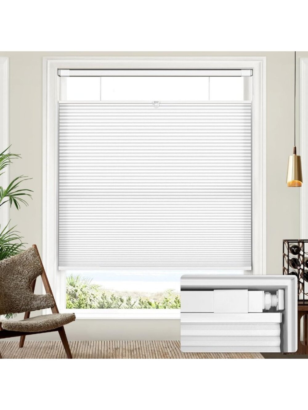 White No Drill TDBU Cellular Shades 34x72 | Easy Install Window Treatments